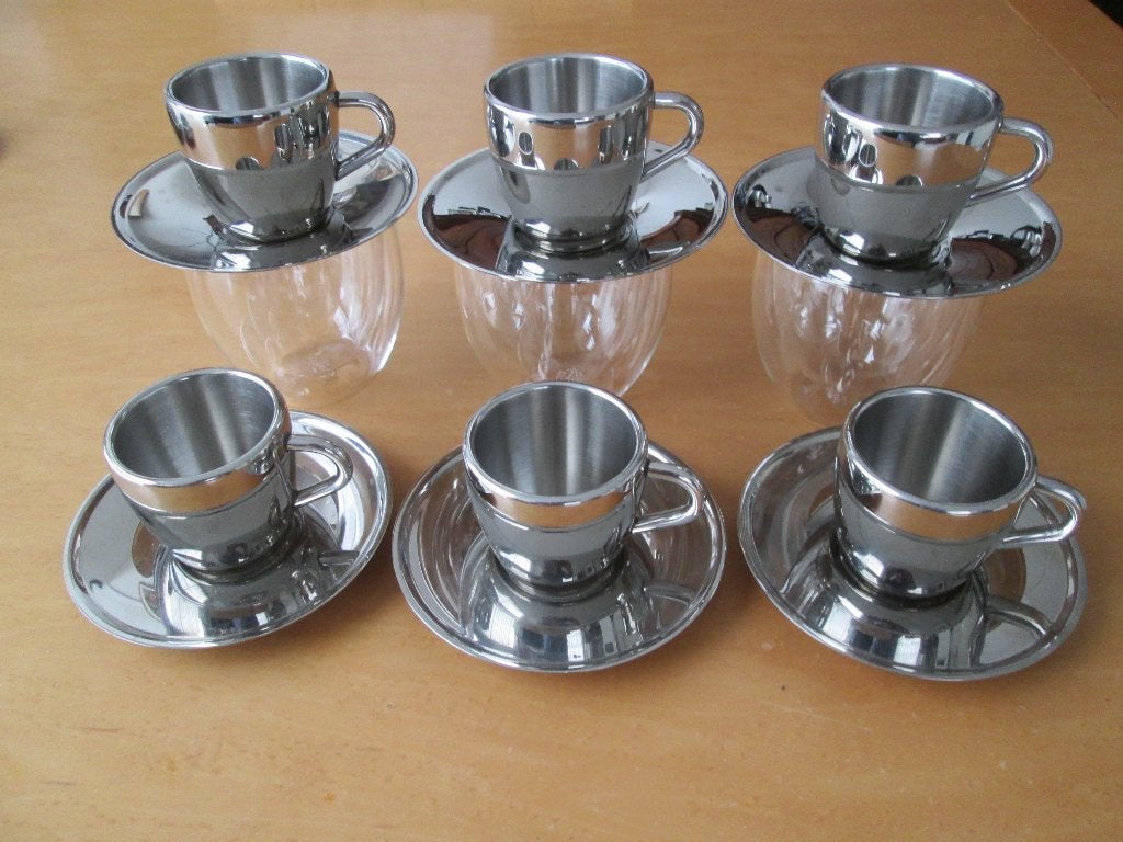 6 RVS dubbelwandige espressokop en schotels, Overige materialen, Ophalen of Verzenden, Zo goed als nieuw, Overige stijlen