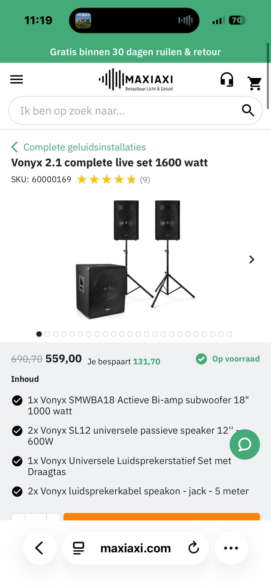 Vonyx 2.1 complete live set 1600 watt, Inclusief kabels, Speakerset, Nieuw, Ophalen