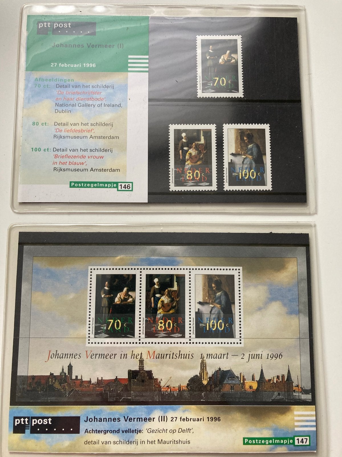 Postzegelmapjes Johannes Vermeer PTT Post 1996, Ophalen of Verzenden, Na 1940, Postfris