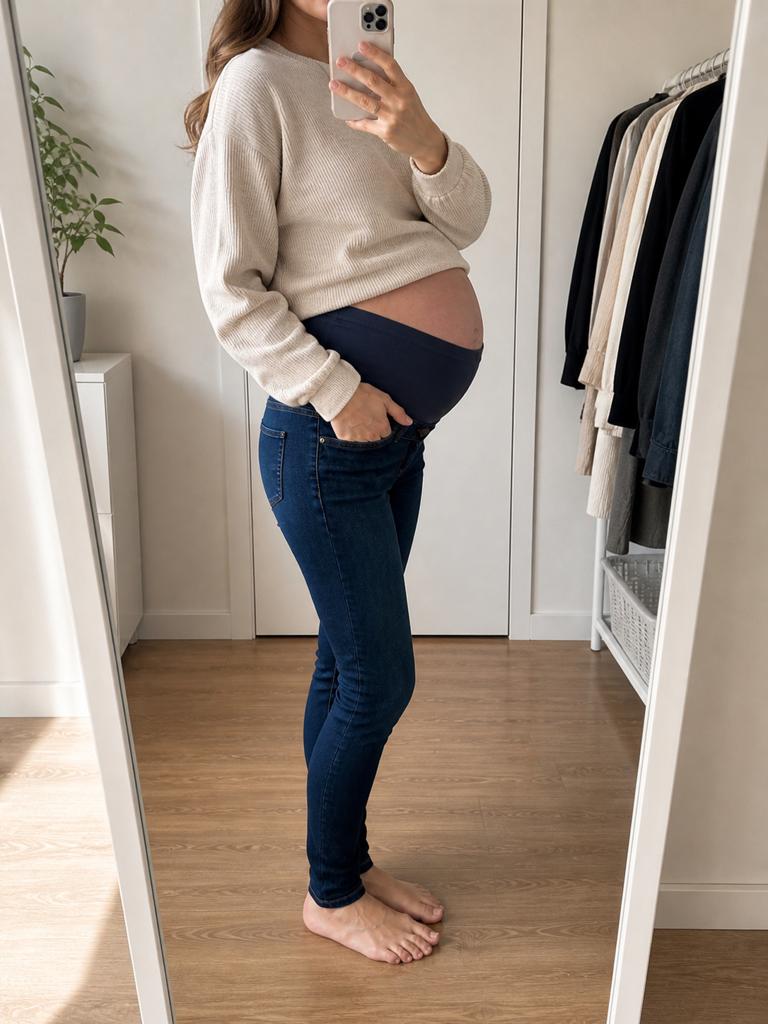 H&M Mama Skinny High Rib Zwangerschapsjeans - positiebroek, Blauw, Ophalen of Verzenden, Maat 36 (S), Gedragen