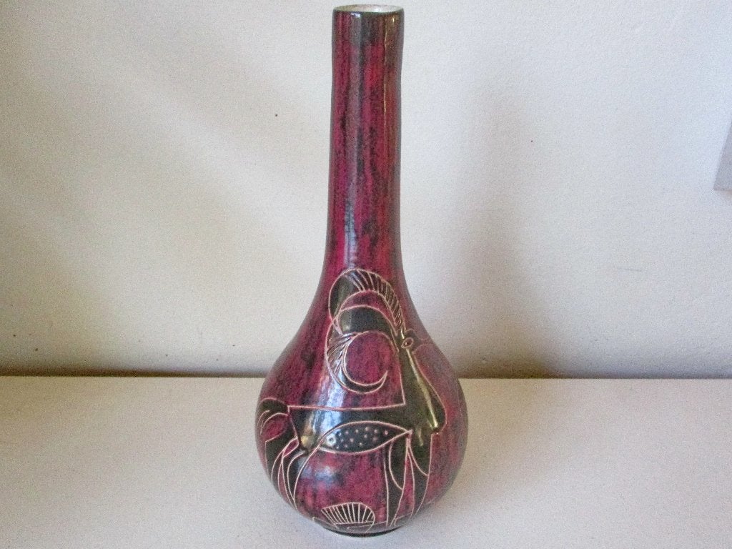 Vintage sixties vaas met gestileerd hert of ree aubergine, Ophalen of Verzenden