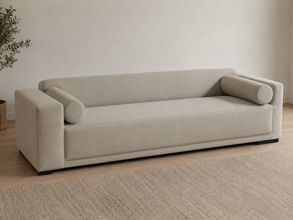 Luxe Keijser&Co designbank – 280 cm – licht beige stof, Huis en Inrichting, Banken | Bankstellen, Ophalen, 250 tot 300 cm, 75 tot 100 cm
