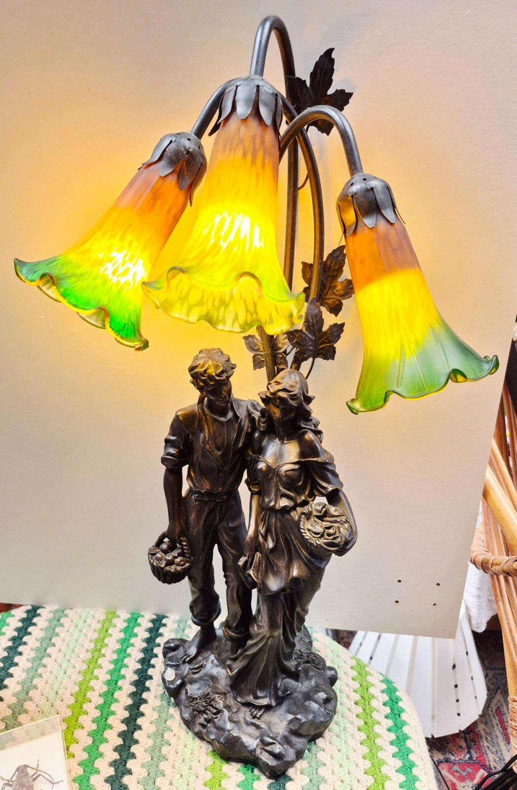 Oude, Franse, lelie tafellamp, schemerlamp, Tiffany style, Ophalen, Tiffany Style, Zo goed als nieuw, Schemerlamp