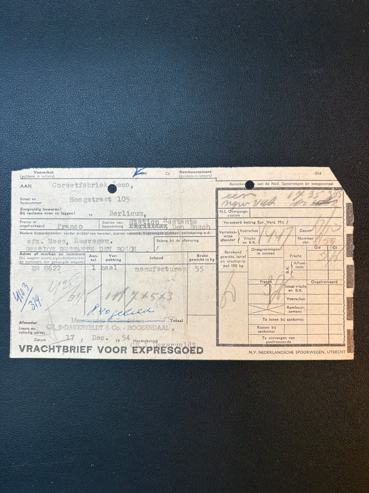 Vrachtbrief RSD - HT / baal manufacturen (1954), Ophalen of Verzenden, Gebruikt, Trein