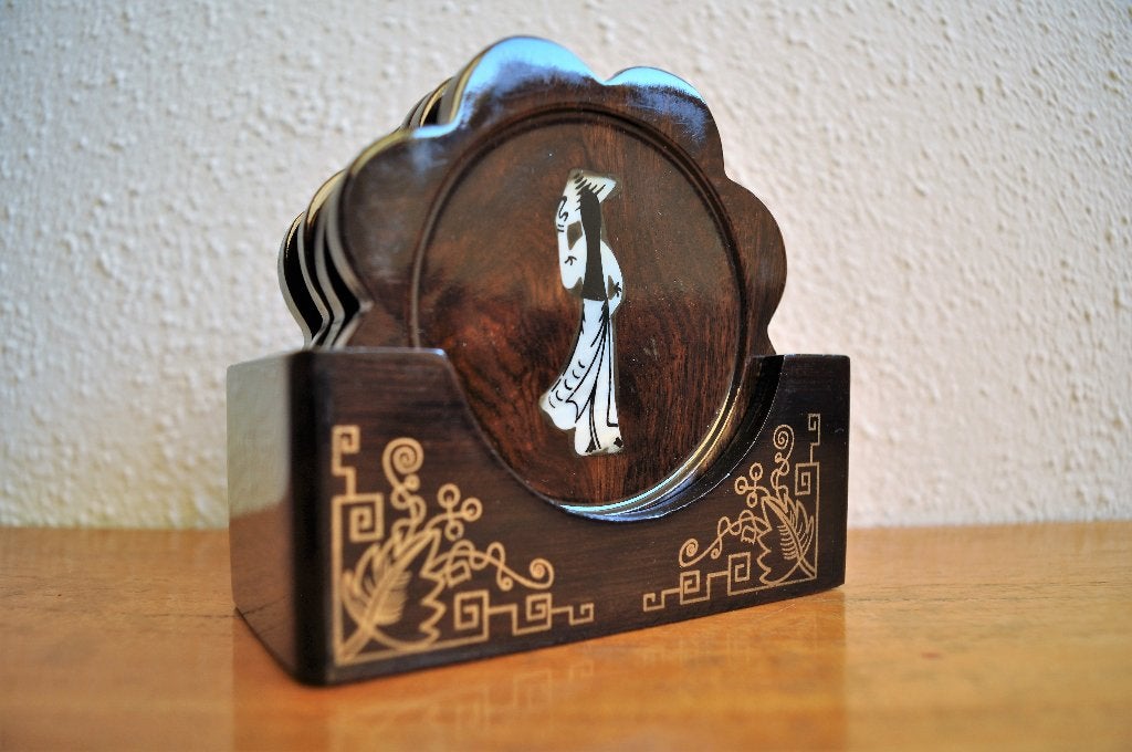 Vintage Japanse Onderzetters Geisha Hout Parelmoer, Ophalen of Verzenden