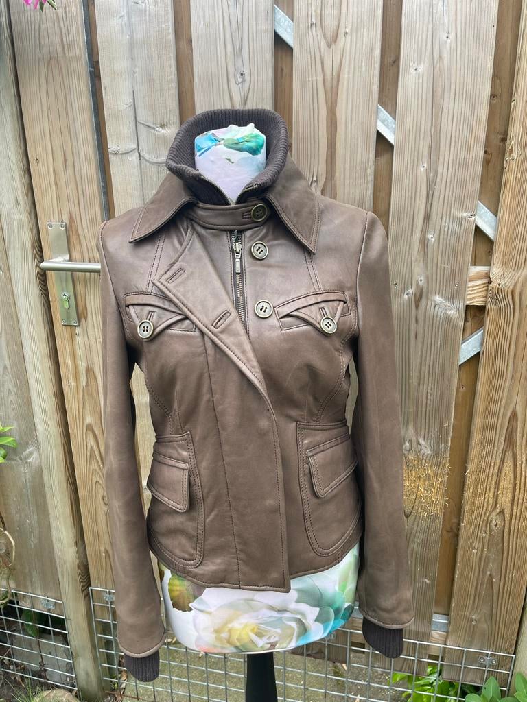 Jackpot vintage  leren jasje maat S, Ophalen of Verzenden, Gedragen, Maat 36 (S), Bruin