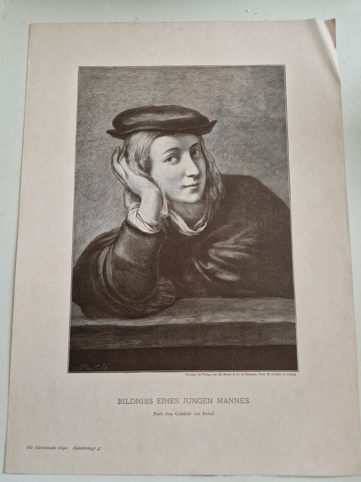 Antieke Gravure: Portret van een Jonge Man naar Rafaël, Antiek en Kunst, 1800 - 1899, Portret, Ophalen of Verzenden, Origineel