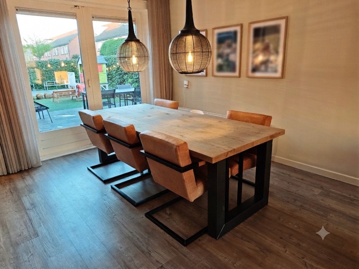 Eikenhouten eettafel met 6 buffelleren stoelen, Huis en Inrichting, Tafels | Eettafels, Ophalen, Eikenhout, 200 cm of meer, 50 tot 100 cm