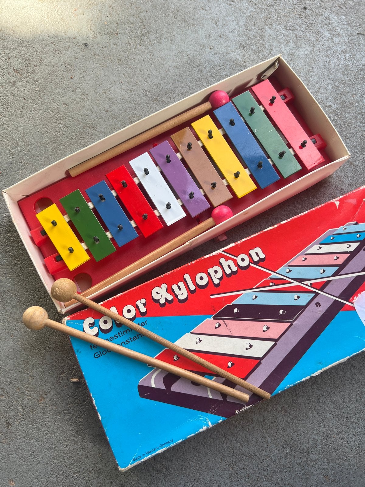 Vintage Kleuren Xylofoon met Stokjes - Educatief Speelgoed, Ophalen of Verzenden, Gebruikt, Ontdekken, Met geluid
