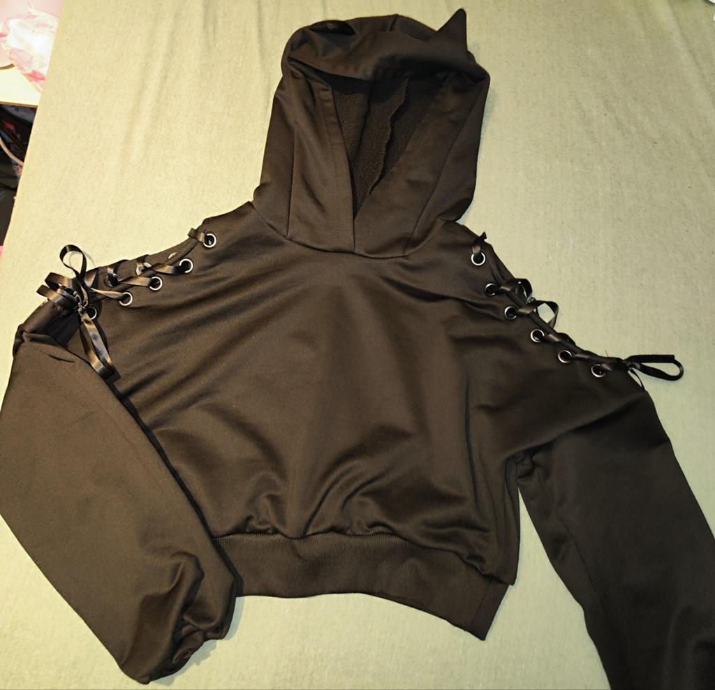Shein Zwarte Hoodie met Kattenoren en Veterdetails, Zwart, Ophalen of Verzenden, Zo goed als nieuw, Maat 34 (XS) of kleiner