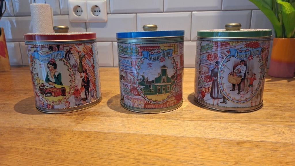 Vintage Albert Heijn voorraad/koffieblikken (3 stuks), Ophalen of Verzenden, Gebruikt, Gebruiksvoorwerp