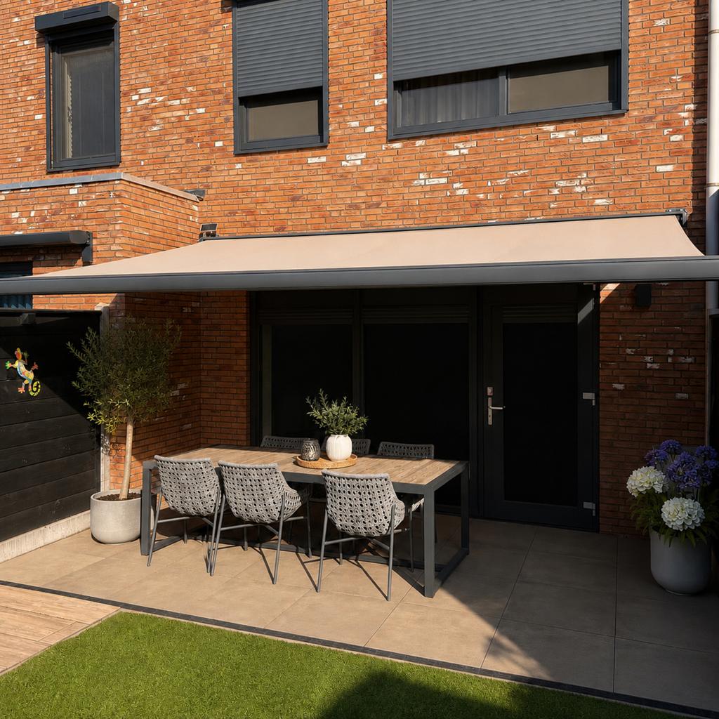 Terrasscherm / knikarmscherm antraciet B 480 x 300 cm uitval, Tuin en Terras, Zonneschermen, Ophalen, Knikarmscherm