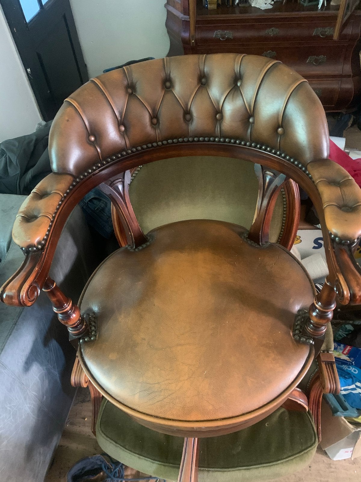 Chesterfield Bureaustoel - Draaibaar Leer, Ophalen