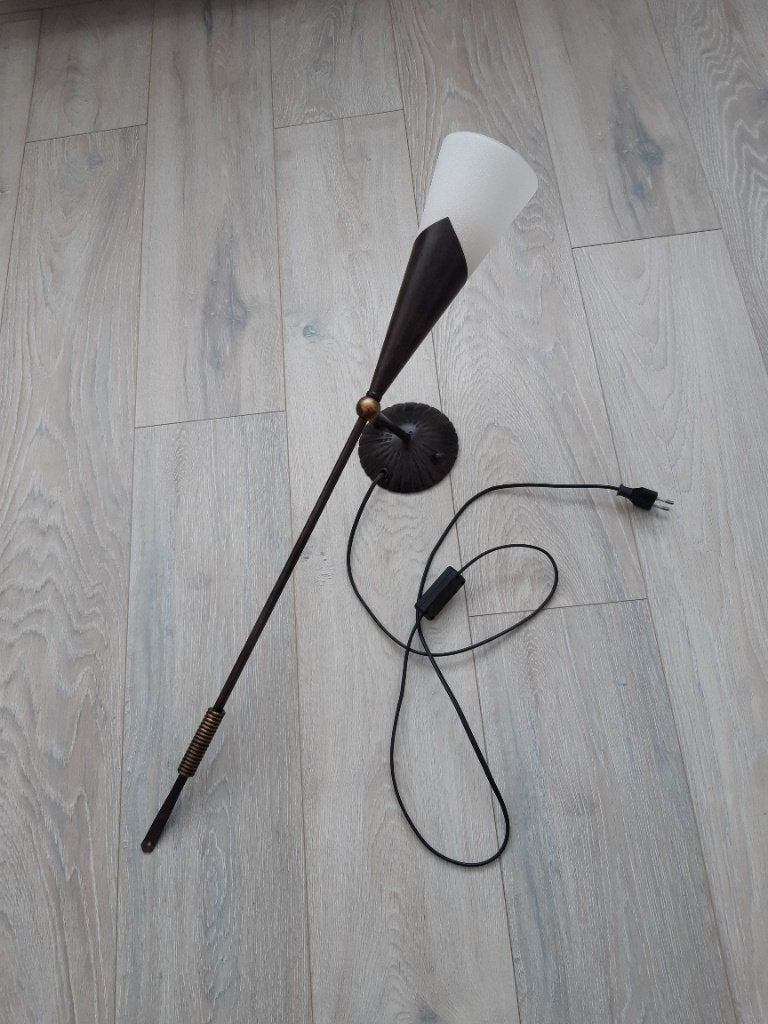 Vintage wandlamp met glazen kap en metalen arm, Ophalen, Gebruikt, Overige fittingen, Glas