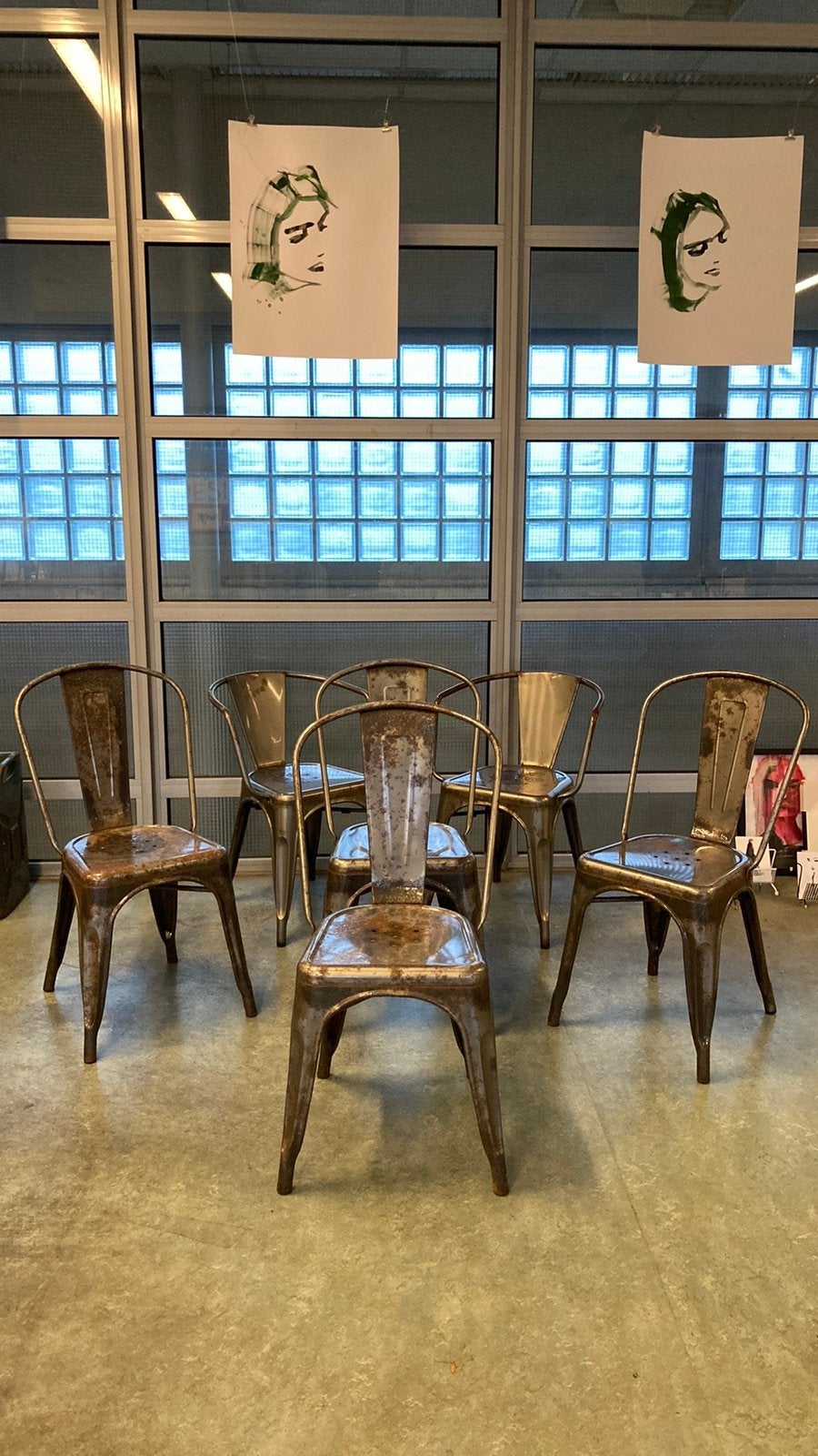 6 Oud metalen vintage stoelen, Ophalen, Gebruikt
