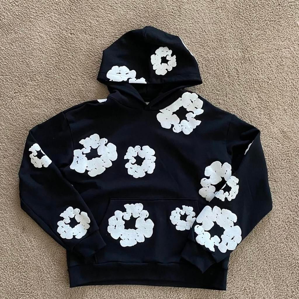Denim Tears Katoenen Hoodie Zwart met Witte Bloemenprint, Kleding | Heren, Truien en Vesten, Ophalen, Zo goed als nieuw, Overige maten