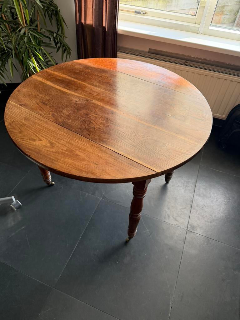 Antieke Franse Eiken Klaptafel (1830) messing wieltjes 100cm, Ophalen