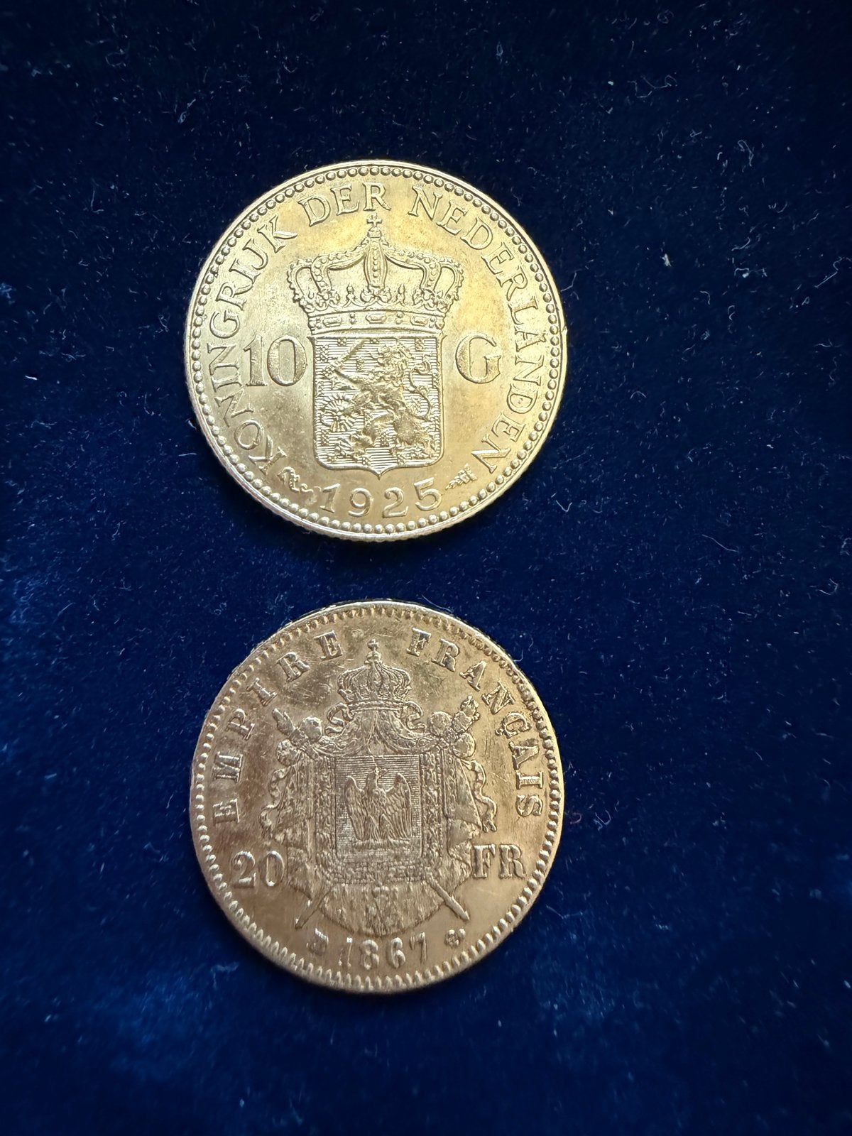 10 Gulden Wilhelmina 1925 20 Franc Napoleon 1867, Setje, Koningin Wilhelmina, 10 gulden, Goud