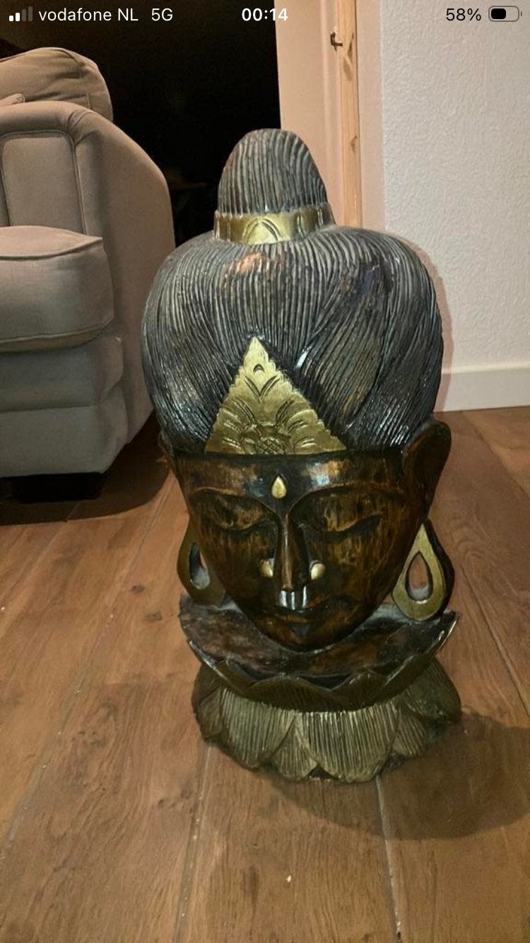 Prachtig handgesneden Boeddha hoofd decoratie, Ophalen of Verzenden, Gebruikt