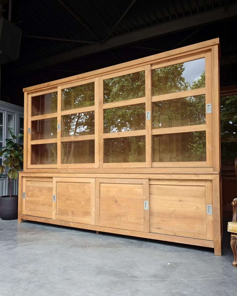 Grote teakhouten vitrinekast | Teak wandkast 300cm #3668, Glas, Met deur(en), -, 200 cm of meer