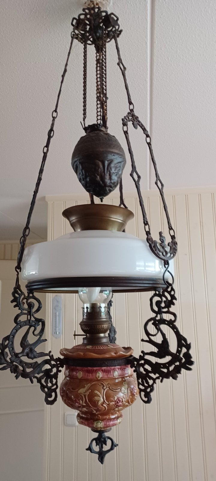 Antieke olielamp / hanglamp met porseleinen reservoir, Antiek en Kunst, Ophalen of Verzenden