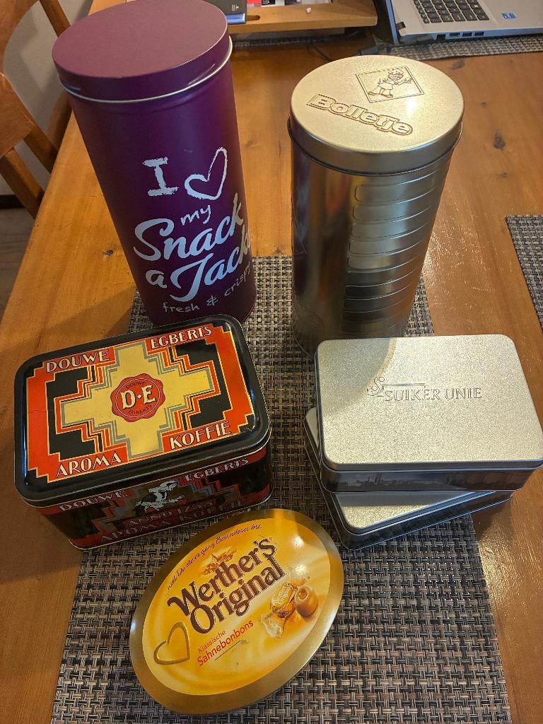 6 Blikken DE, Bolletje, Snack Jack, Suikerunie 2x, Werthers, Ophalen of Verzenden, Zo goed als nieuw, Overige