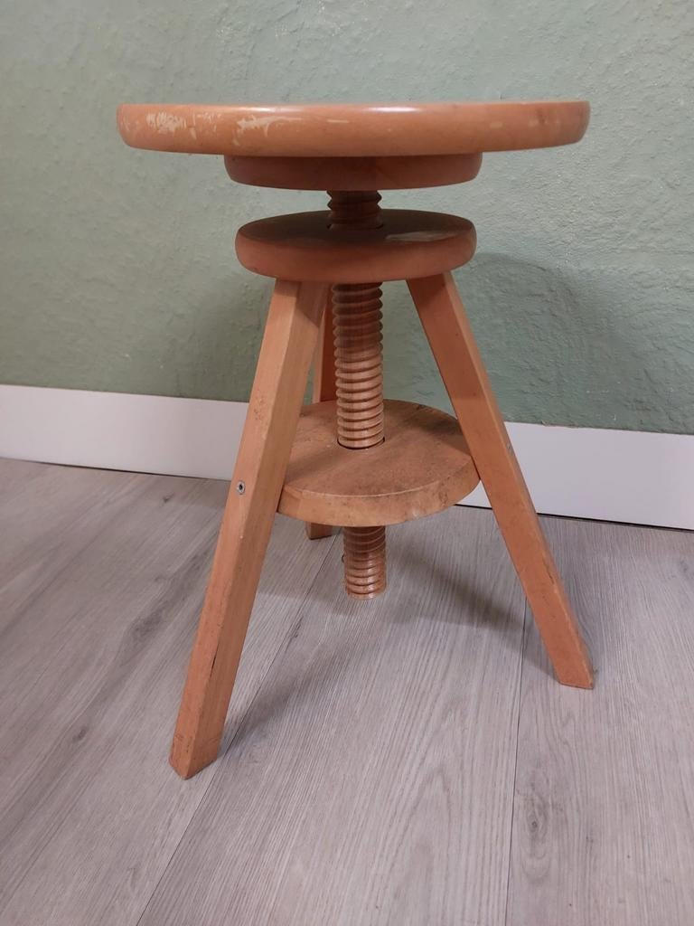 Vintage houten kruk in hoogte verstelbaar, Ophalen, In hoogte verstelbaar, Hout