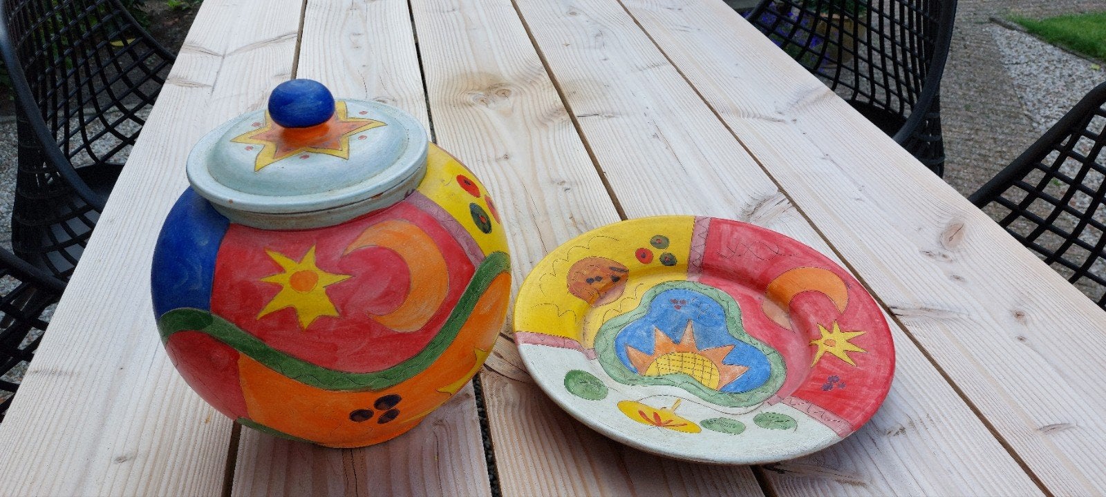 Handgeschilderde Aardewerk Pot en Schaal Set, Ophalen