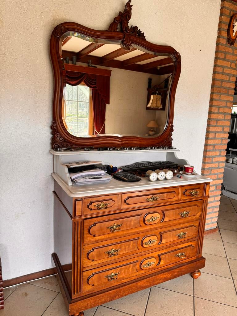 Antieke Brocante Commode met Marmeren Blad en Spiegel, Antiek en Kunst, Ophalen
