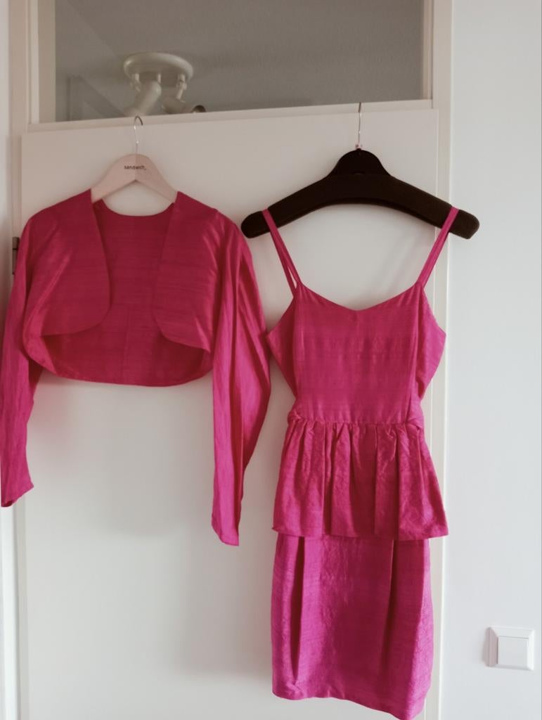 Roze zijden cocktailjurk met bolero - handgemaakt, maat 36, Nieuw, Cocktailjurk, Ophalen of Verzenden, Maat 36 (S)