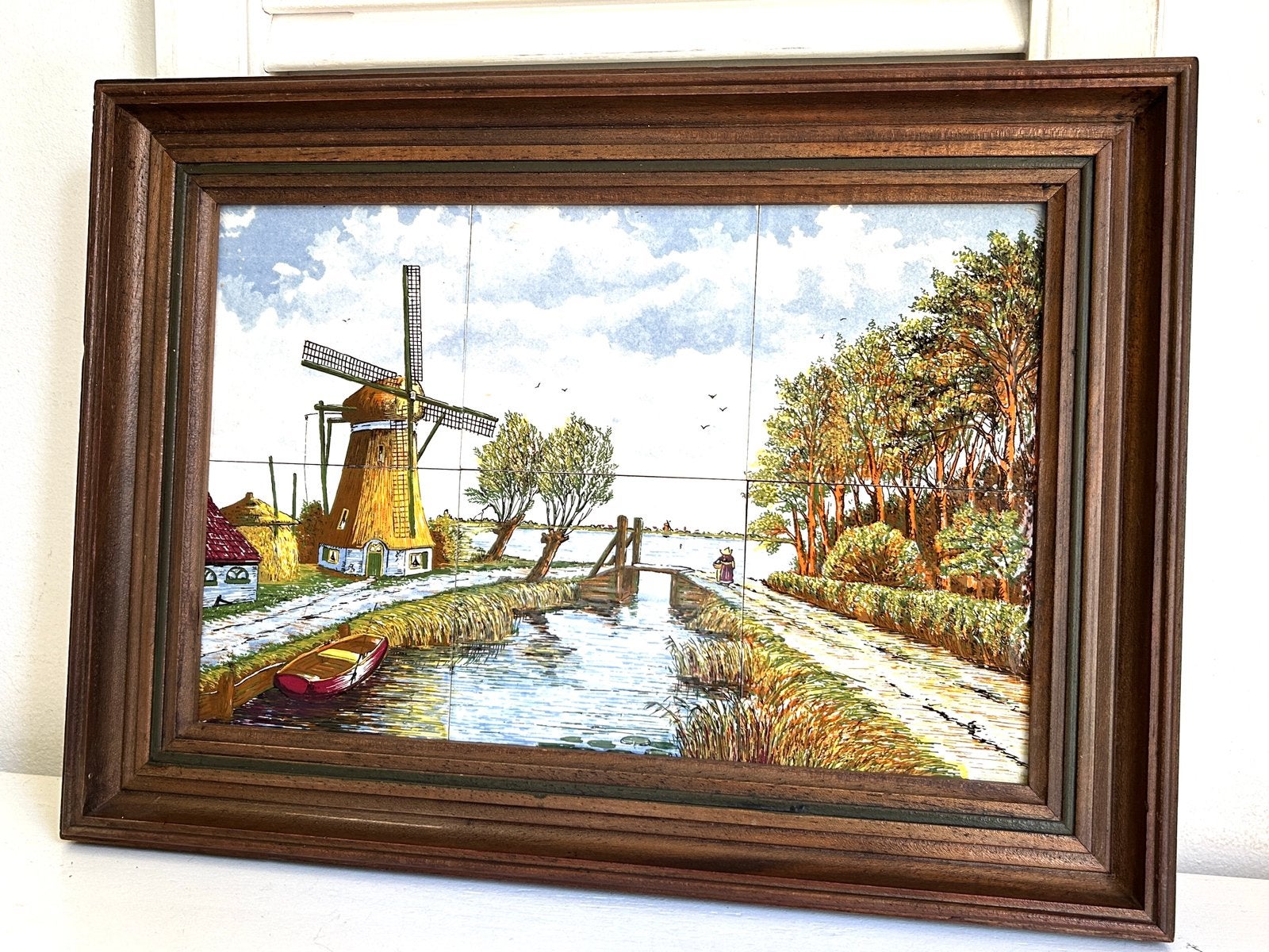 Vintage tegelschilderij tegeltableau molenlandschap 39,5 cm, Ophalen