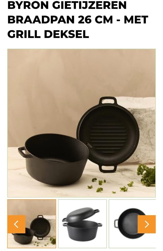 Byron gietijzeren braadpan 26 CM - met grill deksel, Ophalen, Nieuw, Gietijzer, Koekenpan of Braadpan