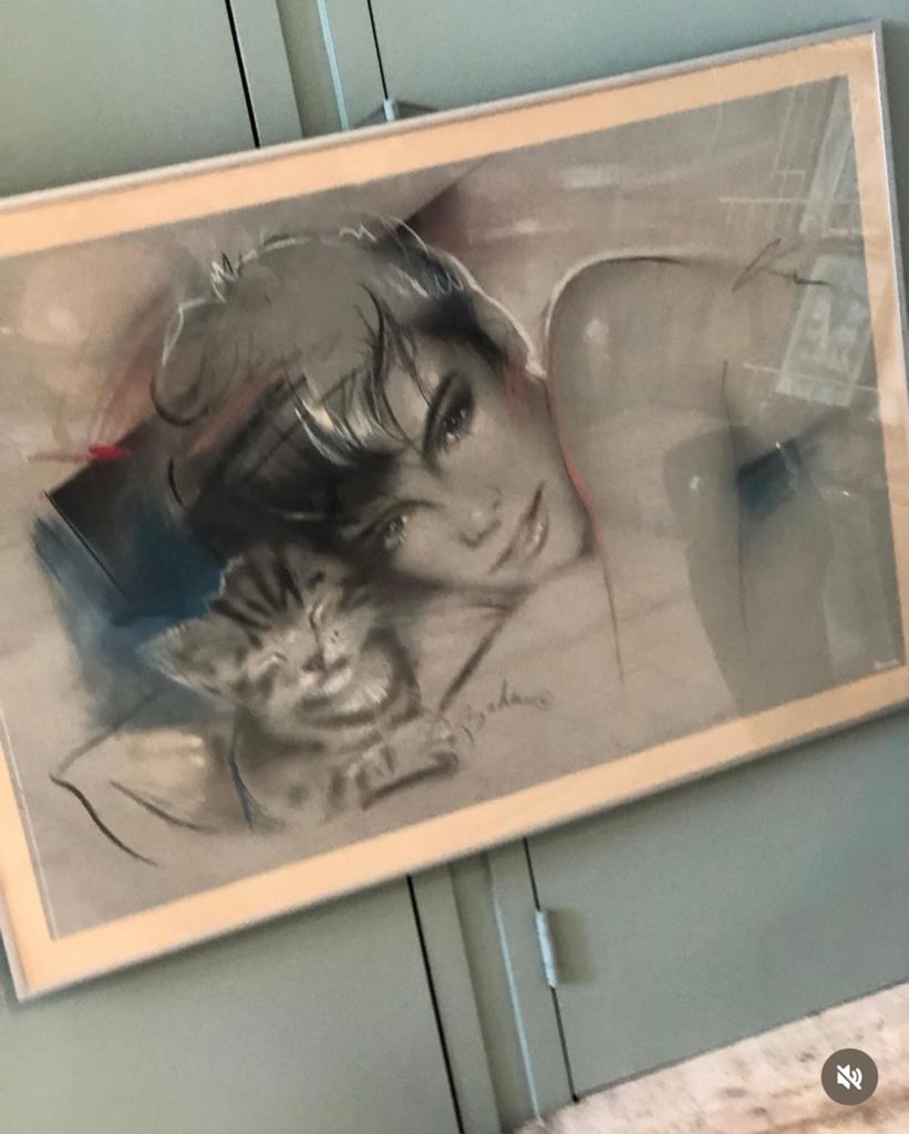 Vintage poster lijst Verkerke vrouw kat airbrush art ‘80, Ophalen, Gebruikt, Rechthoekig Liggend, A1 t/m A3