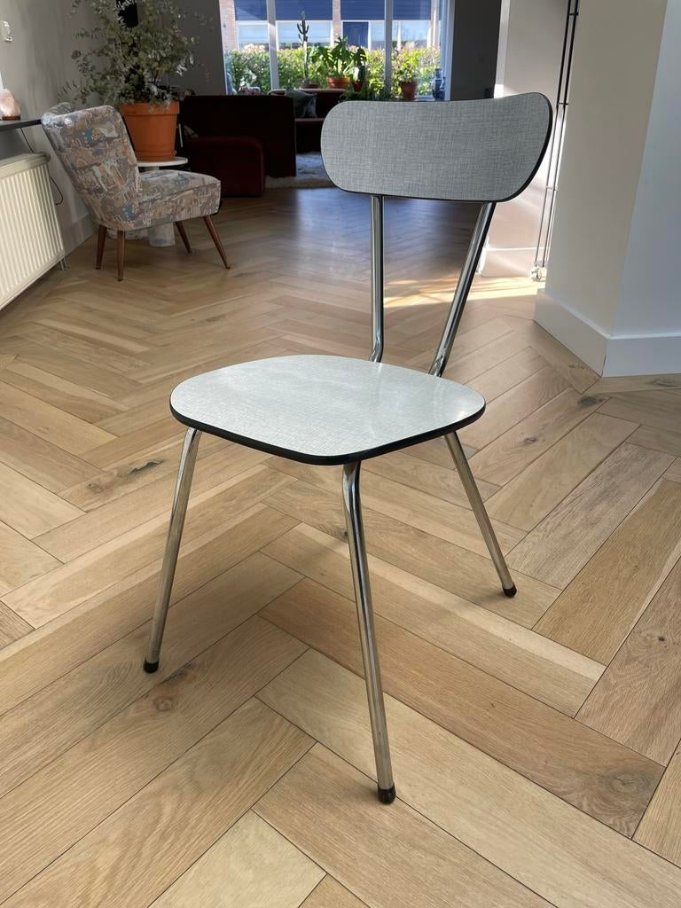 Retro eetkamerstoelen - Grijs/Chroom, Huis en Inrichting, Stoelen, Drie, Ophalen of Verzenden, Zo goed als nieuw, Metaal