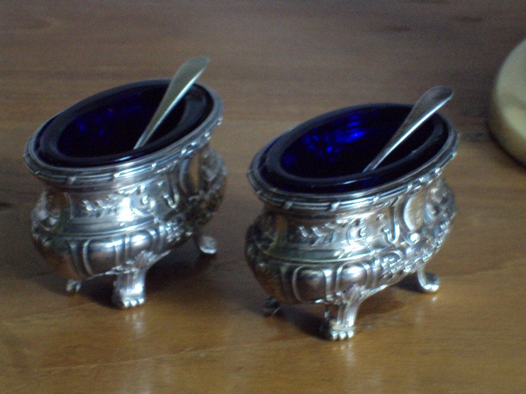 Antiek zilveren zout/mosterd setje kobaltblauw glas, Verzenden