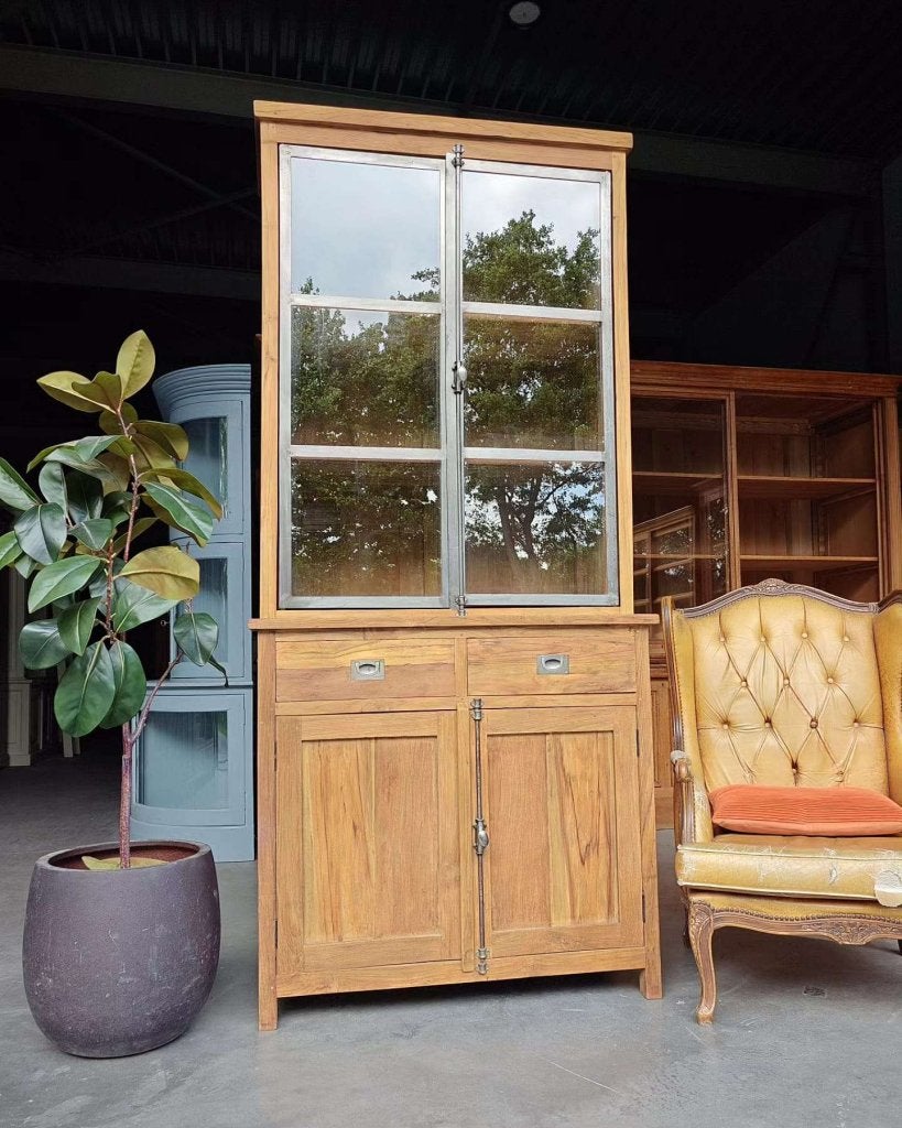 Stoere vitrinekast | Gerecycled teakhout met metaal  #3786, Glas, Met deur(en), -, 200 cm of meer