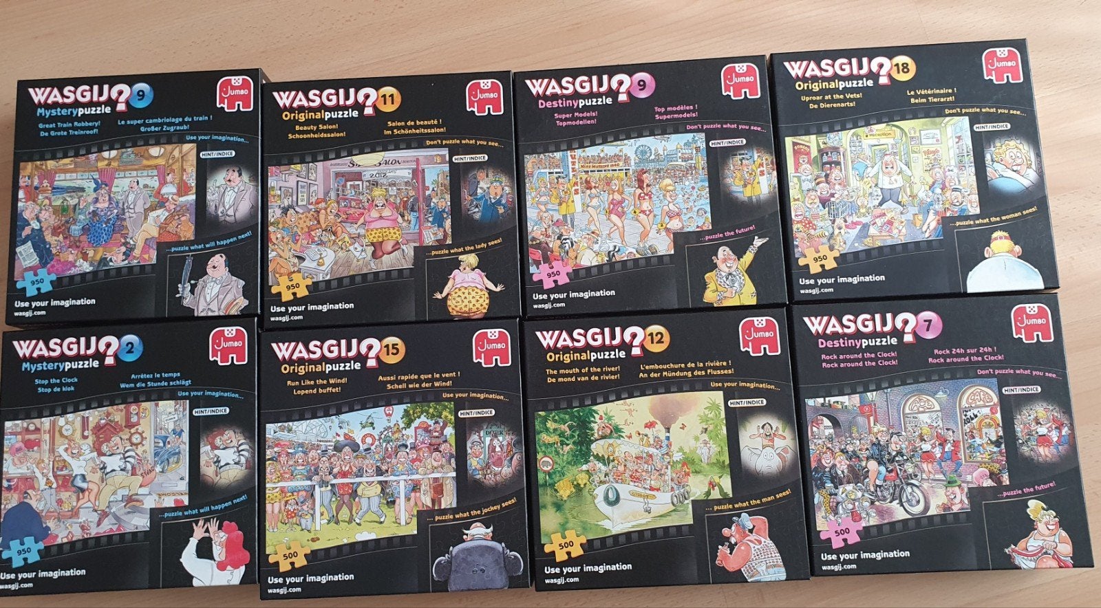 Grote collectie Wasgij puzzels - 8 stuks, Ophalen, 500 t/m 1500 stukjes, Gebruikt, Legpuzzel