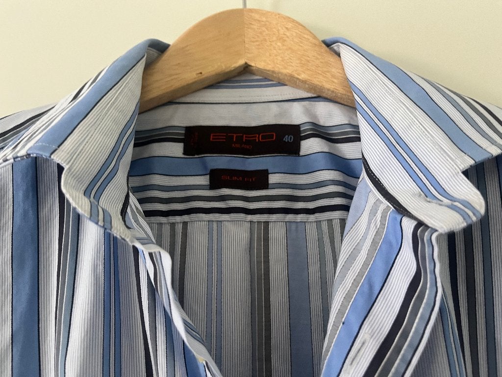 blauw gestreept overhemd van Etro maat 40, Ophalen, Zo goed als nieuw, Blauw, Halswijdte 39/40 (M)