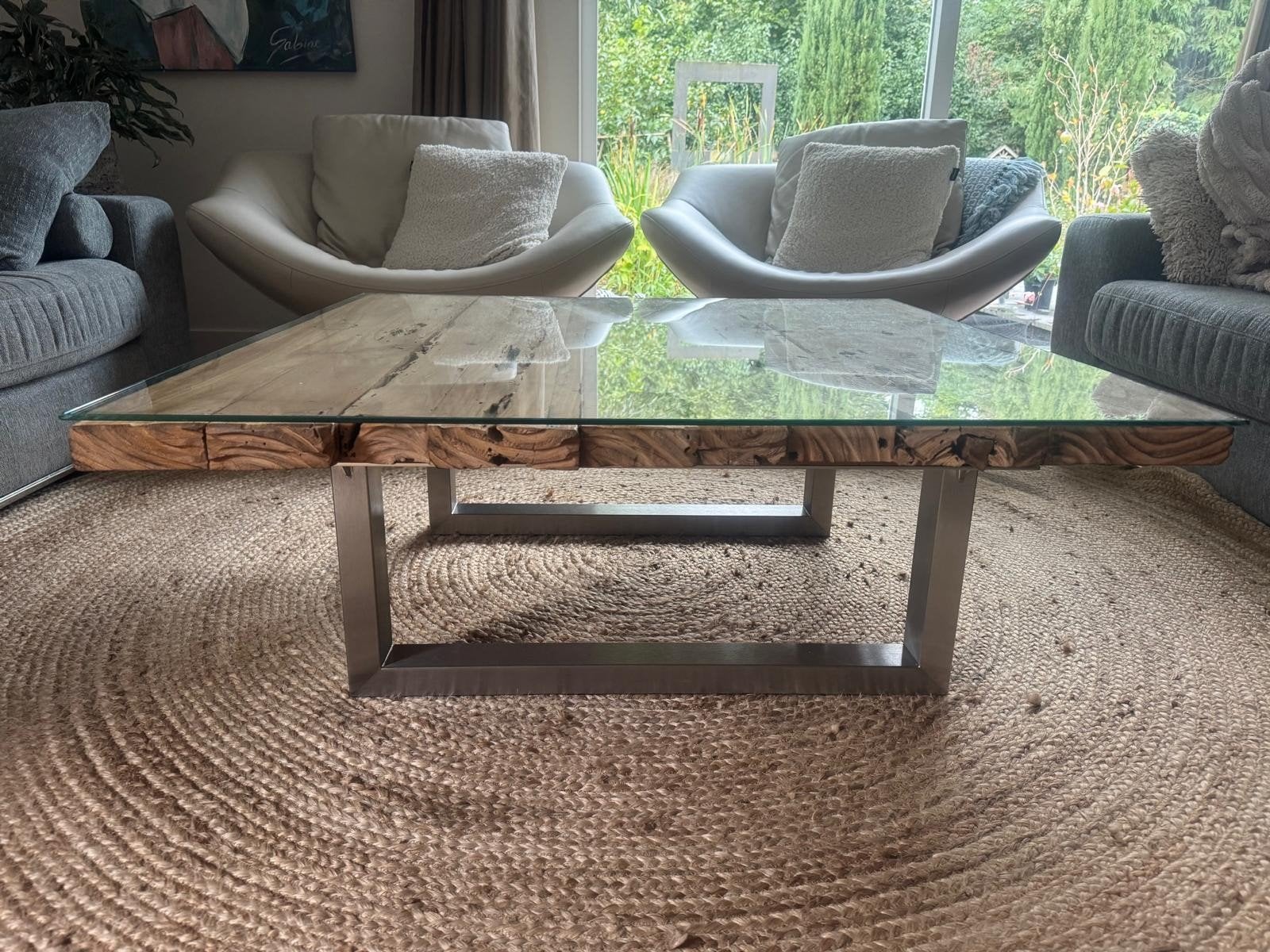 Salontafel, teak hout en glas, RVS onderstel, 100x100x40 cm, Huis en Inrichting, Ophalen, 50 tot 100 cm, Zo goed als nieuw, Overige houtsoorten