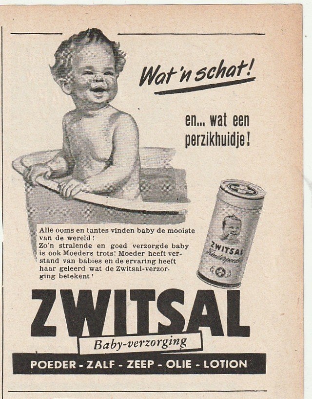 Retro reclame 1952 Zwitsal poederbus baby is 'n schat, Verzamelen, Retro, Verzenden, Overige typen