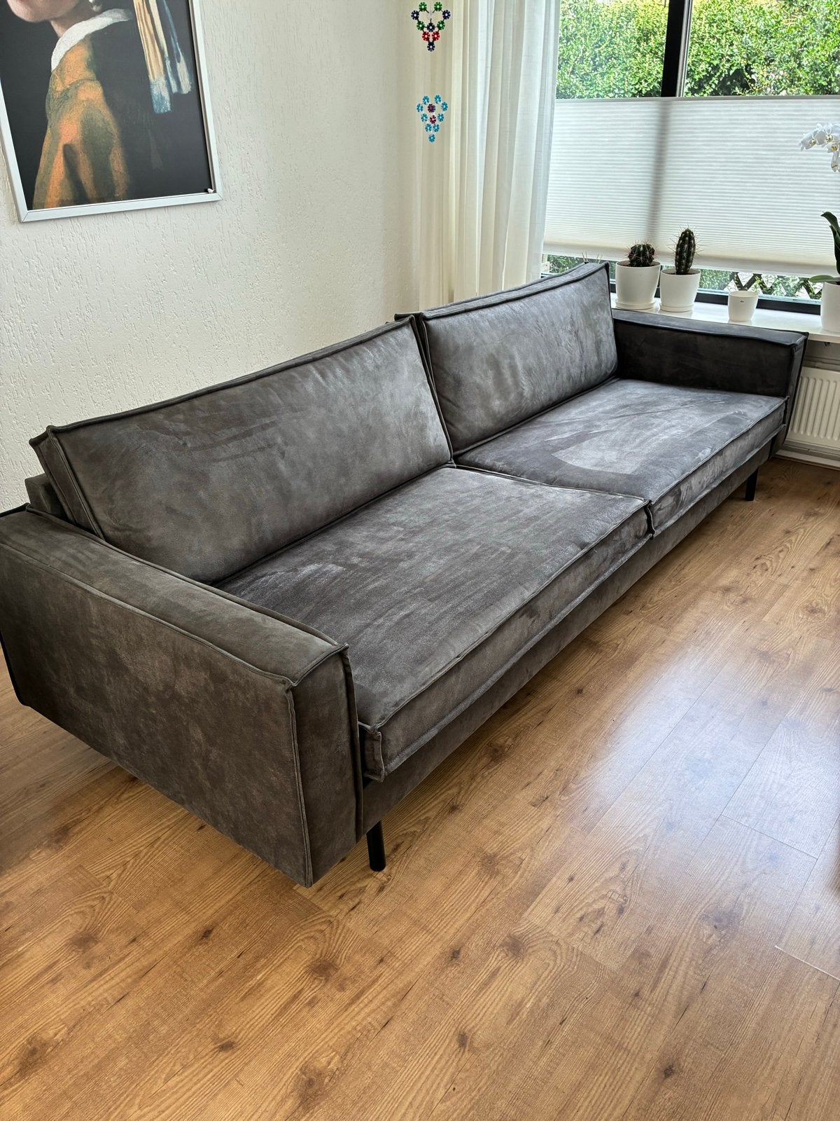 Moderne 3-zits bank in donkergrijs stof, Ophalen, 250 tot 300 cm, Gebruikt, Minder dan 75 cm