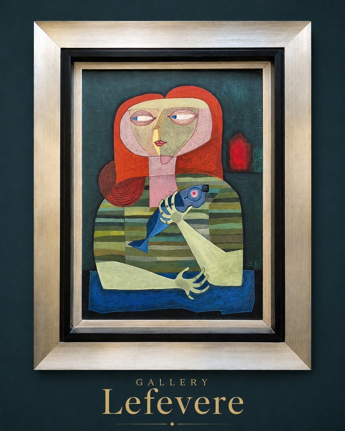 Gèr Huntjens: Vrouw met Blauwe Vis -Meesterwerk (1956), Figuren, Ophalen of Verzenden, Olieverf, Gesigneerd