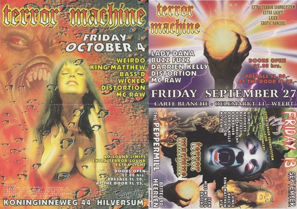 Terror Machine flyers uit de nineties A4 formaat, Rechthoekig Staand, Verzenden, A4 of kleiner, Zo goed als nieuw