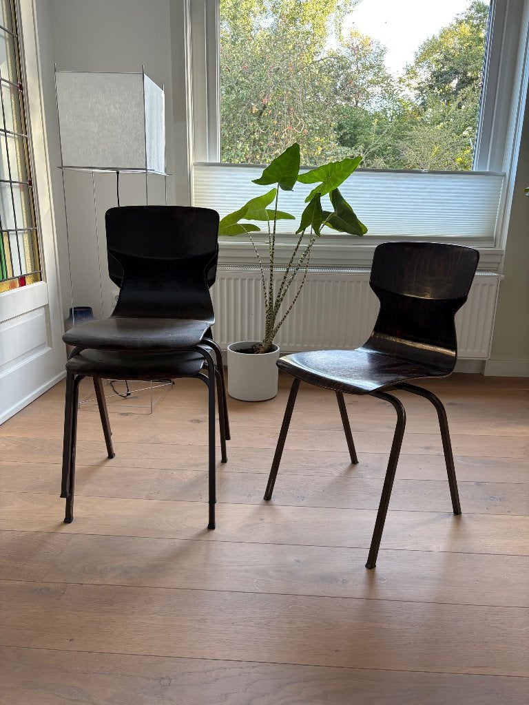 4x vintage Obo schoolstoel Eromes Wijchen (model 6408), Ophalen, Gebruikt, Bruin, Vier