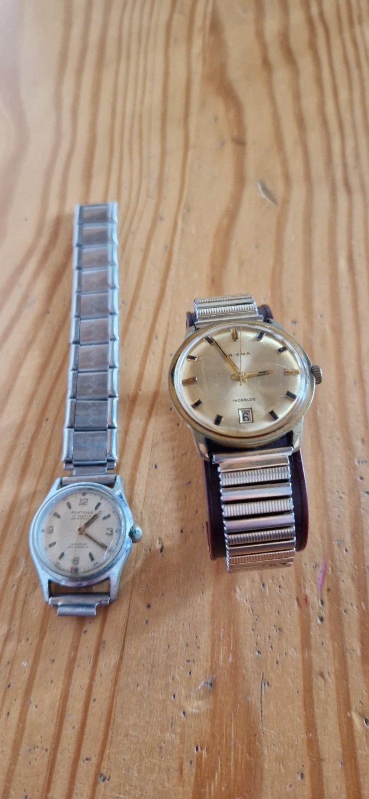 2 Antieke Polshorloges: Montanus (defect) & Prisma Incabloc, Overige merken, Overige materialen, Met bandje, Polshorloge