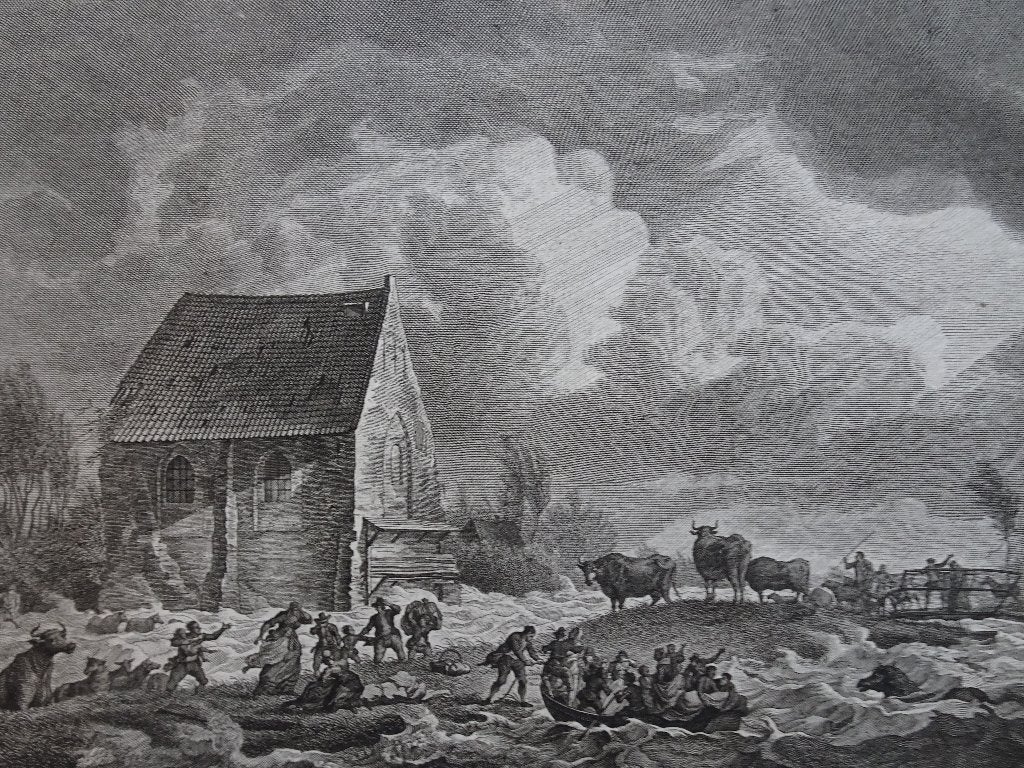 gravure Overstroming 1775, Heusden, Doverse sluis, vd Meer, Verzenden, Stadsgezicht, Gravure, Origineel