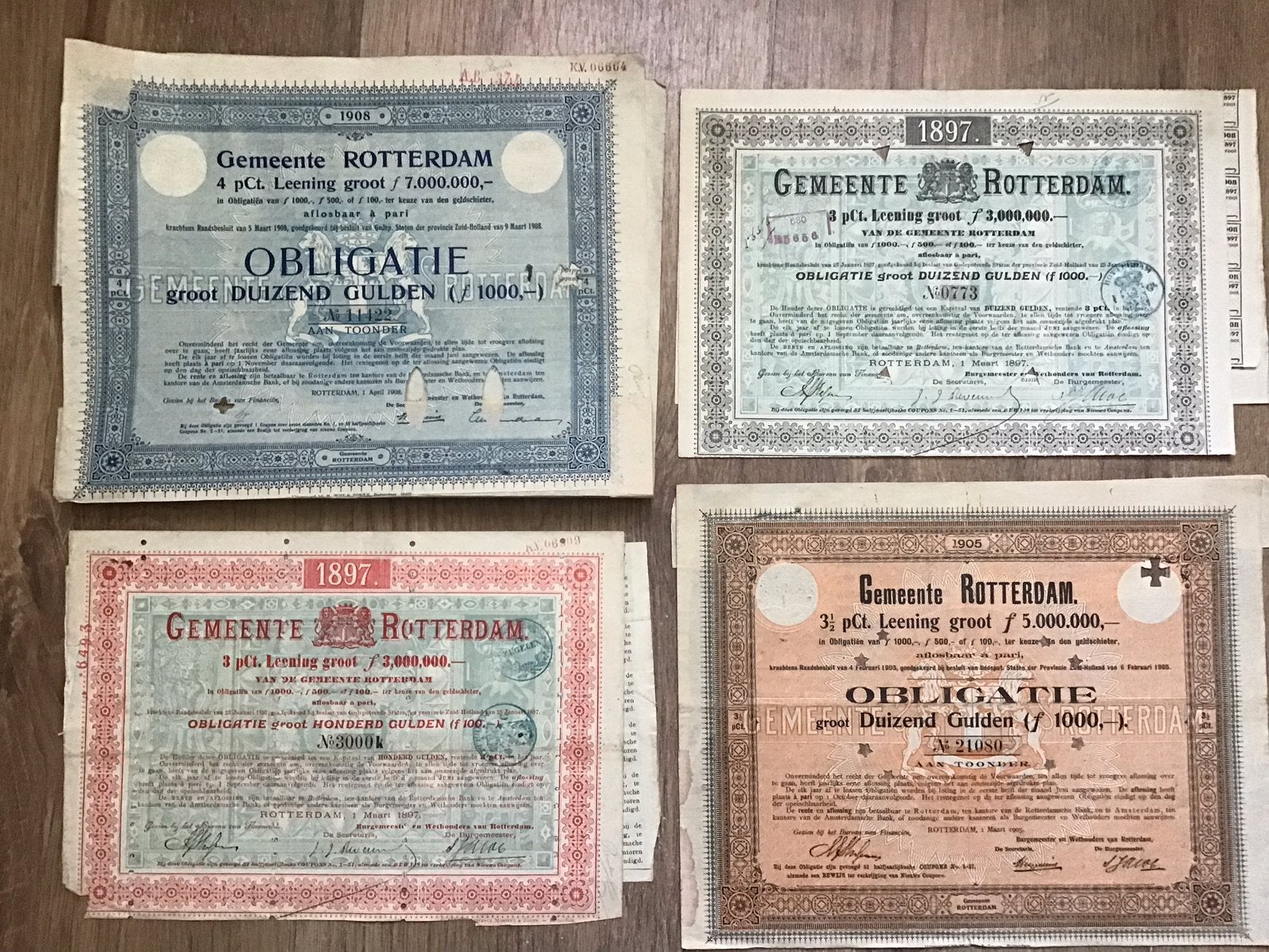 971. 4 x Gemeente Rotterdam, Ophalen of Verzenden, Voor 1920, Obligatie of Lening