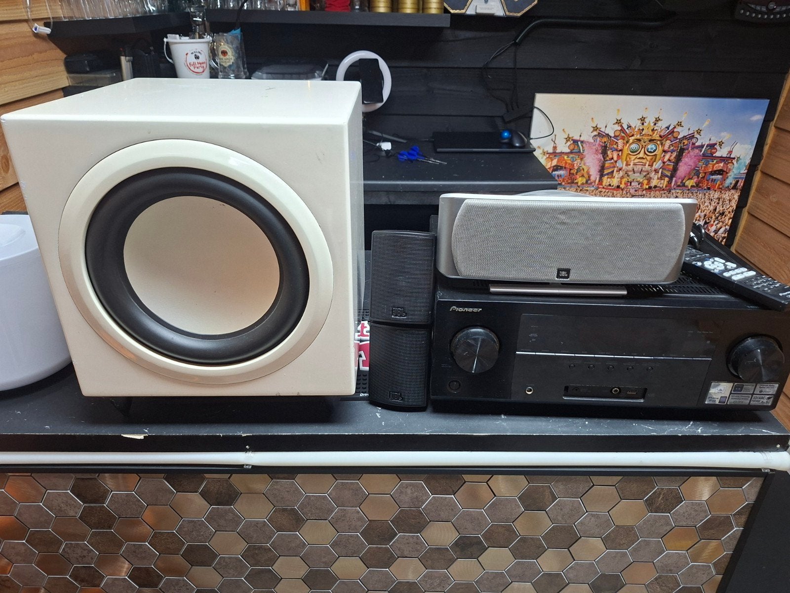 Pioneer VSX527, JBL Speakers & Pure Acoustic Subwoofer, Ophalen, Gebruikt, Pioneer, 120 watt of meer