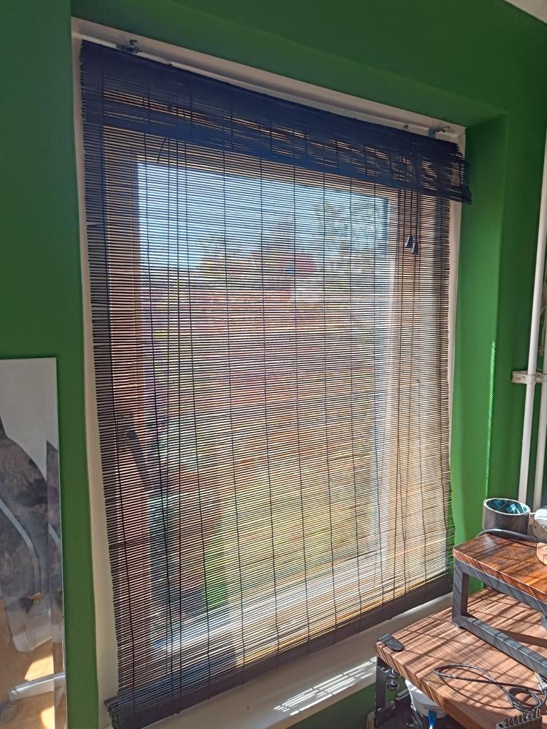 2x Bamboe rolgordijnen 80x110cm - Houtkleur/Zwart, Ophalen, Gebruikt, 100 tot 150 cm, Bruin