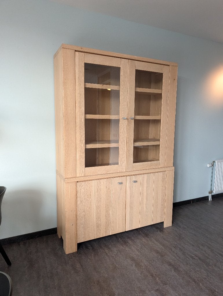 Licht eiken vitrinekast 208 cm met glazen deuren, Ophalen, Met deur(en), 100 tot 150 cm, 200 cm of meer